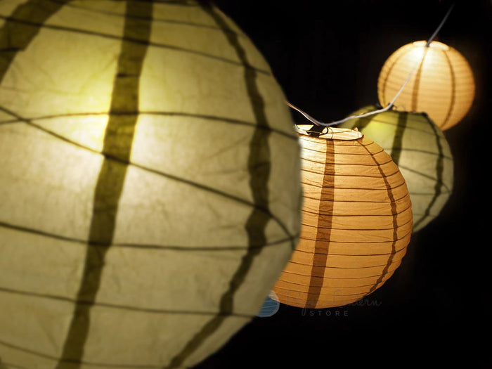 10" Christmas Holiday Gold Paper Lantern String Light COMBO Kit (21 FT, EXPANDABLE, White Cord)