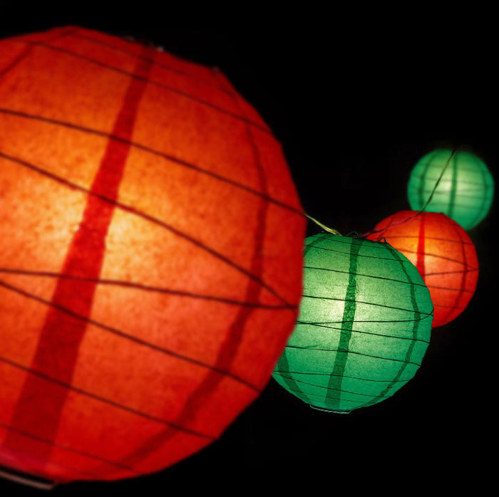 12" Christmas Holiday Red and Green Paper Lantern String Light COMBO Kit (21 FT, EXPANDABLE, White Cord)