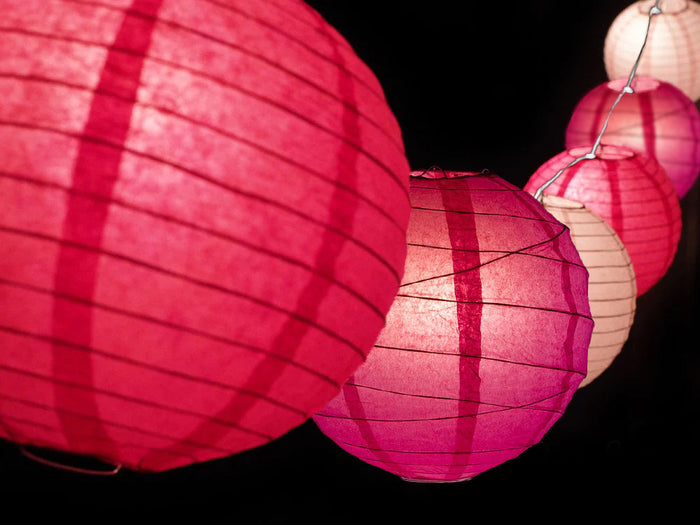 12" Valentine's Day Pink Mix Paper Lantern String Light COMBO Kit (21 FT, EXPANDABLE, White Cord)