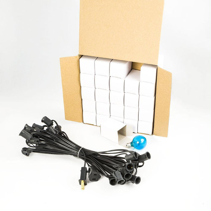 25 Socket Holiday LED Outdoor Patio String Light Set, G40 Blue Globe Bulbs, 28 FT Black Cord