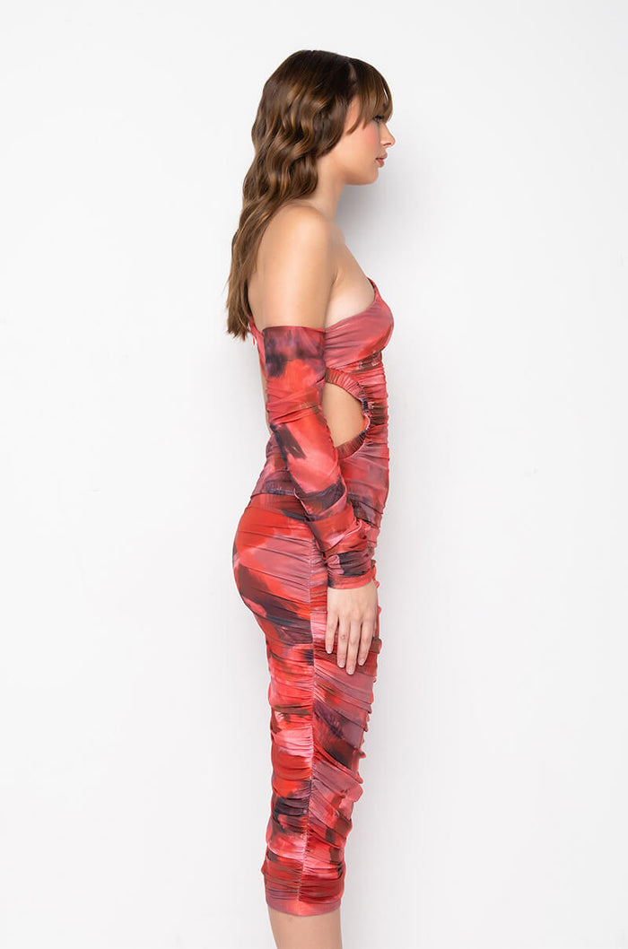 ABSTRACT PRINT MESH MIDI DRESS