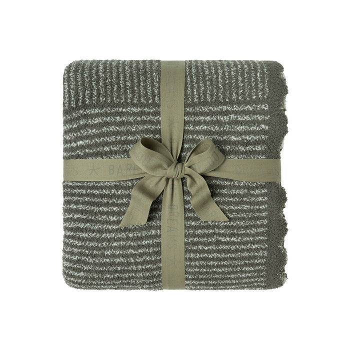 CozyChic Scallop Stripe Throw in Olive Branch / Cream, folded and tied with a ribbon bow