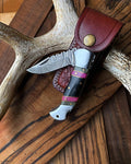 Best Folding Pocket Knife with Buffalo Horn and Color Wood Spacers Handle, 3 Inches Blade Length and Leather Case - For Sale by KBS Knives Store.