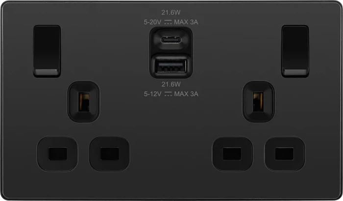 BG Evolve PCDBC22UAC22B 22W USB Double Socket - Black Chrome