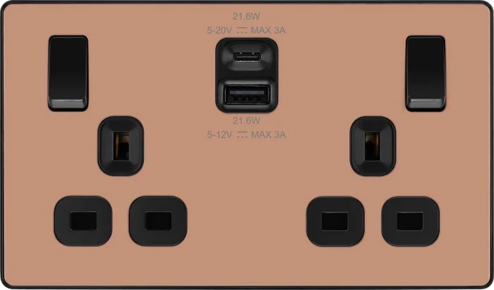BG Evolve PCDCP22UAC22B 13A Double Switched Socket with USB A+C - Polished Copper