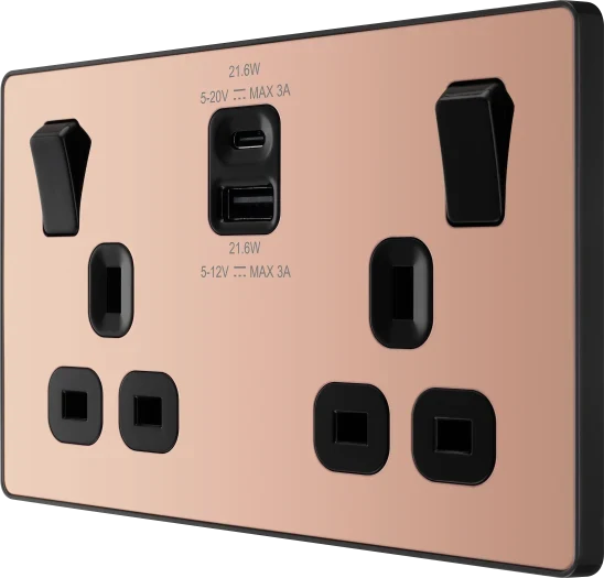 BG Evolve PCDCP22UAC22B 13A Double Switched Socket with USB A+C - Polished Copper