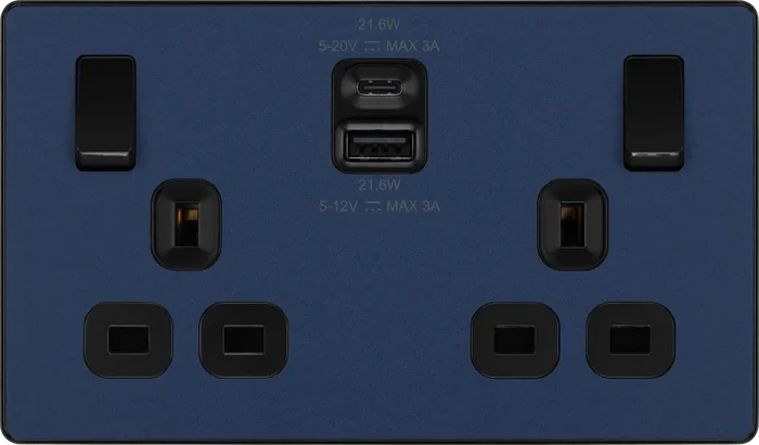 BG Evolve PCDDB22UAC22B 22W USB A+C Double Power Socket - Matt Blue