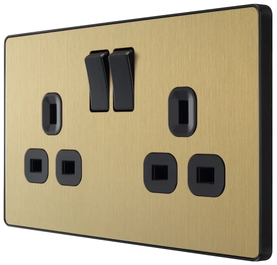BG Evolve PCDSB22B 13A Double Switched Socket with Black Inserts - Satin Bras