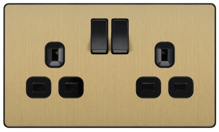 BG Evolve PCDSB22B 13A Double Switched Socket with Black Inserts - Satin Bras