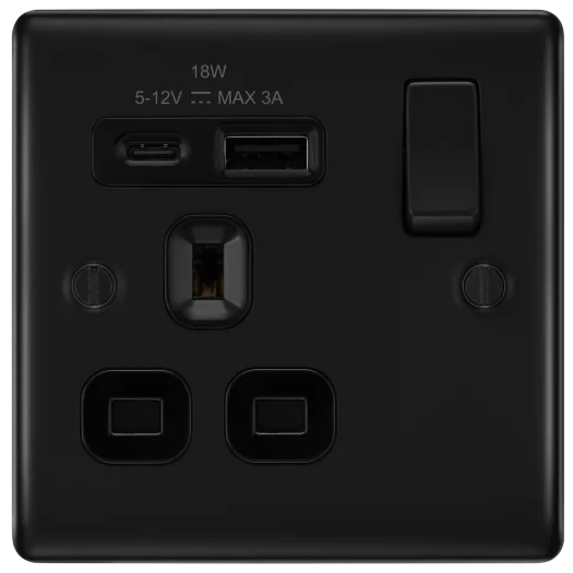 BG Nexus NFB21UAC18B 13A Single Switched Socket with 18W USB-A & USB-C Fast Charging - Matt Black