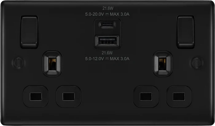 BG Nexus NFB22UAC22B 13A Double Switched Socket with 22W USB-A & USB-C Fast Charging