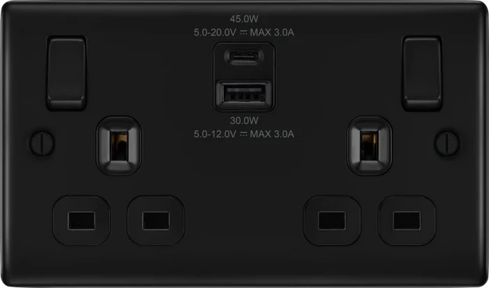 BG Nexus NFB22UAC45B 13A Double Switched Socket with 45W USB-A & USB-C Fast Charging - Matt Black