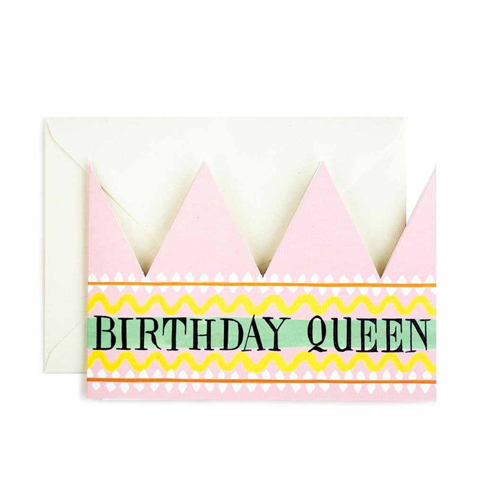 Card with pink birthday hats crown and 'Birthday Queen' text on a white background