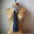 Blue & White Tweed Skinny Scarf w/Fringe