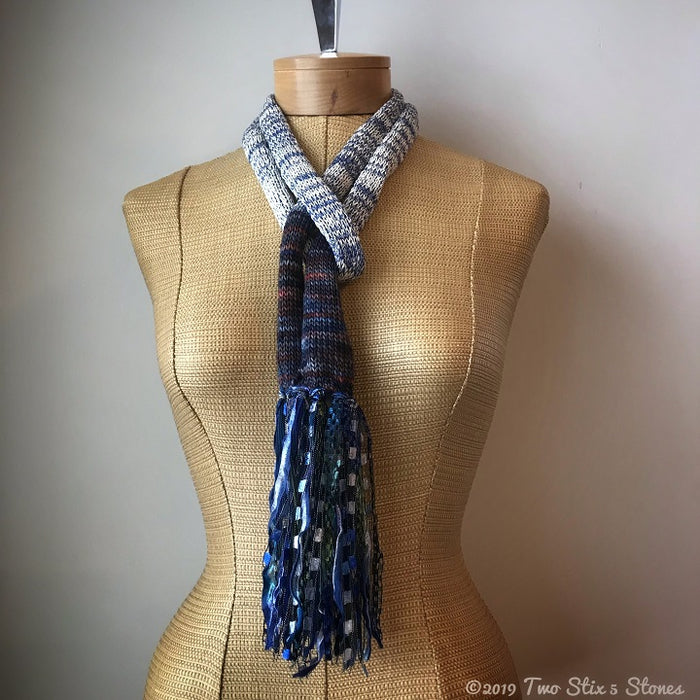 Blue & White Tweed Skinny Scarf w/Fringe