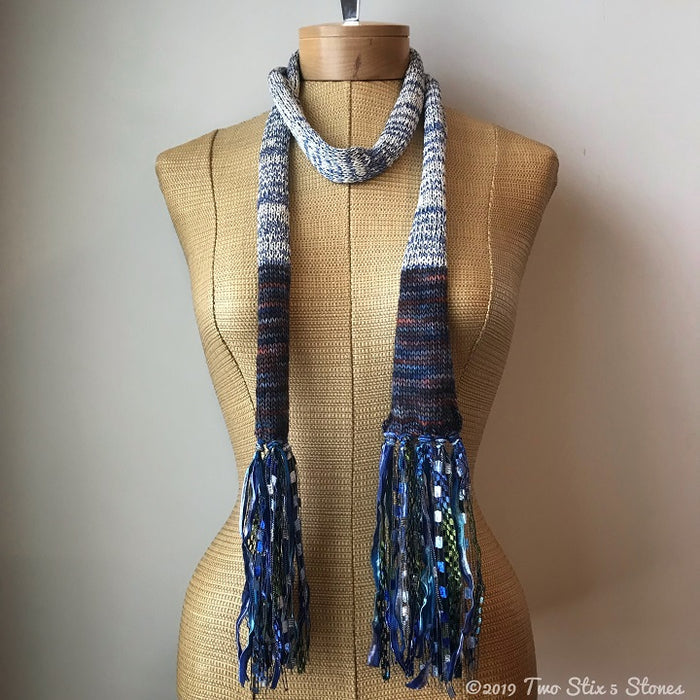 Blue & White Tweed Skinny Scarf w/Fringe