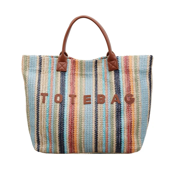 Boho Multicolor Striped Woven Straw Tote Bag
