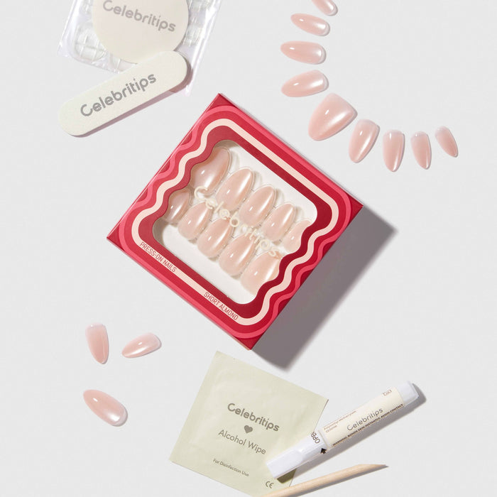 Celebritips press on nails in nude pink with crystal embellishments, shown with application kit