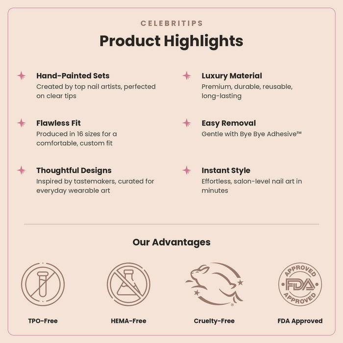 CelebriTips press on nails product highlights and advantages infographic with features and certifications