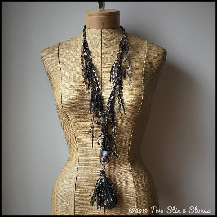 Chocolate Tweed Fiber Necklace w/Stones & Tassel