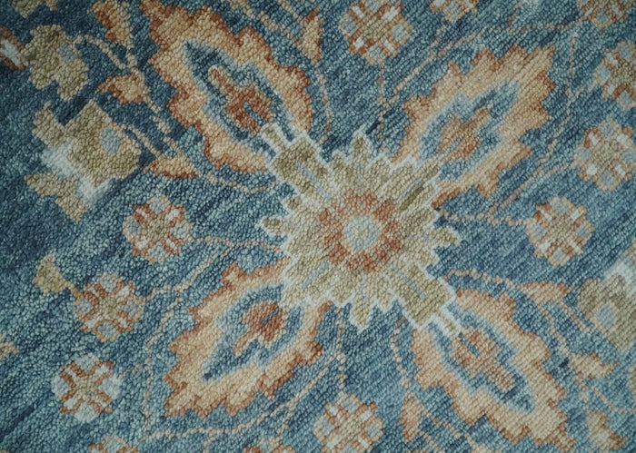 Custom Made Antique Hand Knotted Blue and Beige Traditional Oushak Wool Area Rug