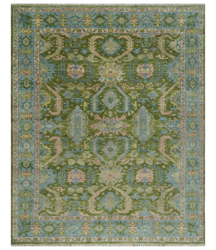 Custom Made Hand Knotted Green, Silver and Peach Traditional Oushak Wool Area Rug