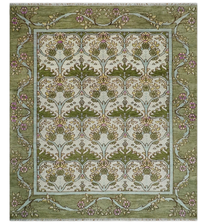 Custom Made Hand Knotted Ivory and Green Floral Traditional Style Wool Area Rug