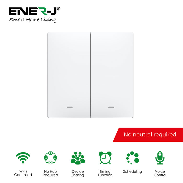 Ener-J 2 Gang Smart Push Button WiFi Light Switch White 1200W