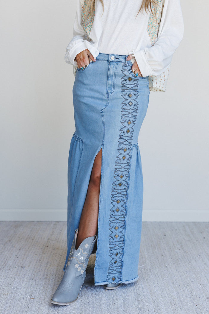 Honey Dust Denim Maxi Skirt - Light Wash - Pre Order