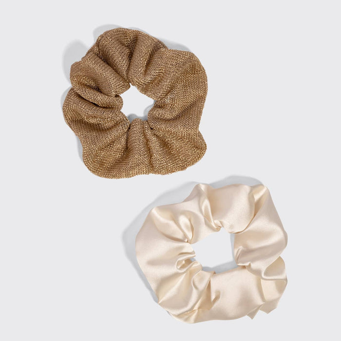 Two hair scrunchies in cream satin and gold metallic mesh on white background