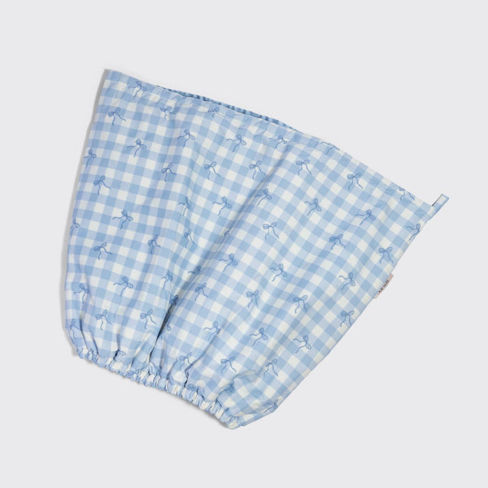 Kitsch Satin Lined Flexi Shower Cap in blue gingham pattern with bow details