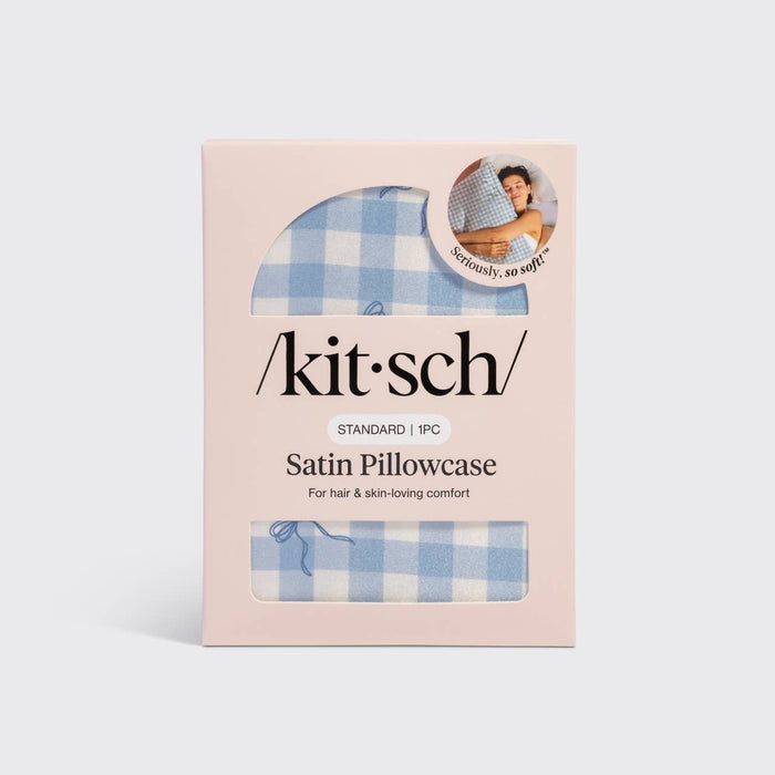 KITSCH Satin Pillowcase Standard in Gingham Blue packaging with product details and benefits displayed