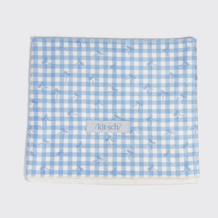 KITSCH XL Hair Towel Wrap in Gingham Blue with white checkered pattern and bow details