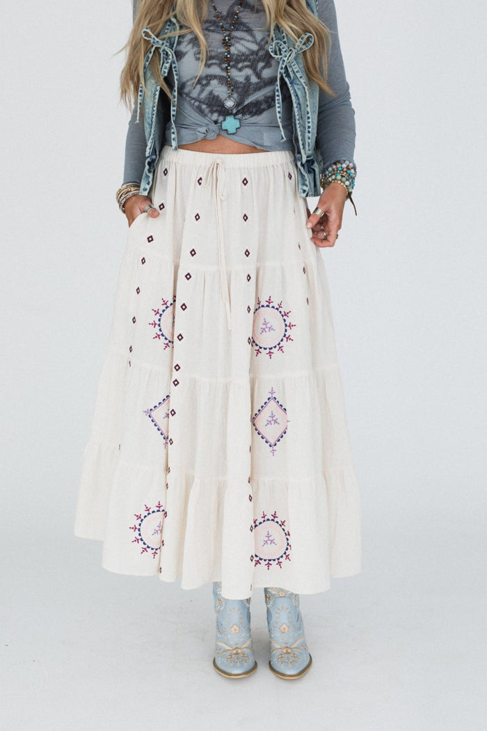 Larkspur Embroidered Maxi Skirt - Natural - Pre Order