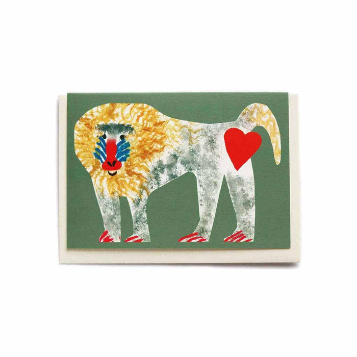 Illustrated card with baboon illustration and heart on white background