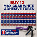 A promotional bundle graphic showing multiple Maxigrab White adhesive tubes arranged in a row, with a Newborn 360-DT caulking gun in the foreground and large text reading 'BUY 12 MAXIGRAB WHITE ADHESIVE TUBES' plus a free offer banner.