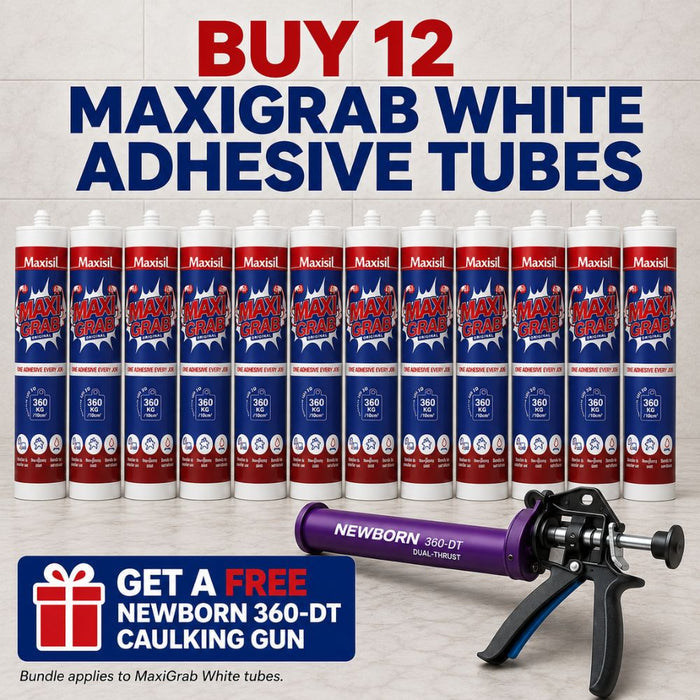 A promotional bundle graphic showing multiple Maxigrab White adhesive tubes arranged in a row, with a Newborn 360-DT caulking gun in the foreground and large text reading 'BUY 12 MAXIGRAB WHITE ADHESIVE TUBES' plus a free offer banner.