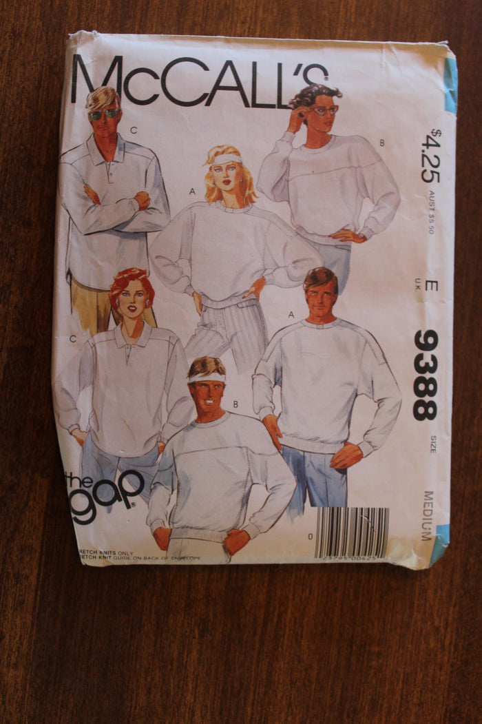 McCalls 9388, Mens, Womens Shirts, Pullover Knit Tops, Uncut Sewing Pattern