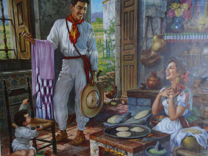 Mexican Calendar Advertising Art - Raleigh Cigarettes - Happy Family at Home - c 1940AP1248