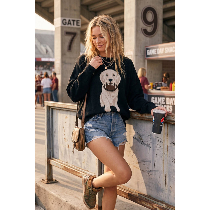 Oversized Gameday Football Puppy Sweater - Black
