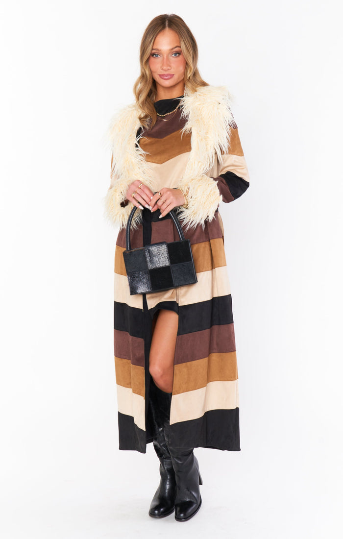 Penny Lane Long Coat ~ Faux Suede Chevron with Faux Fur