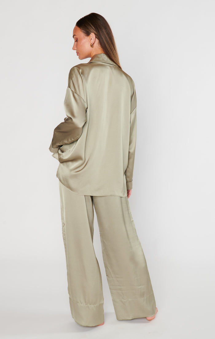 Prep Time Pants ~ Moss Green Luxe Satin