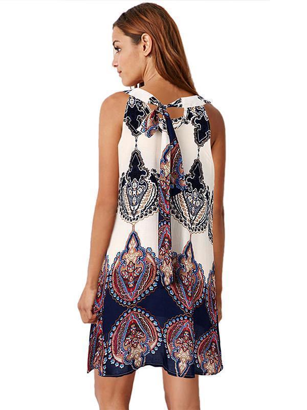 Pretty Fashion Floral-Print Chiffon Sleeveless Lace-up Cross Neck Mini Dress