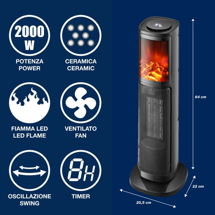 PTC Tower Fan Heater LED Flame 2000W Heaters PTC Tower Fan Heater LED Flame 2000W PTC Tower Fan Heater LED Flame 2000W Beper