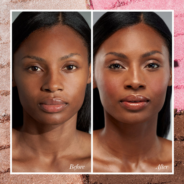Before and after beauty comparison of a woman's face, showing natural skin on the left and smoother, more radiant skin on the right, framed by a pink textured border with 'Before' and 'After' text.