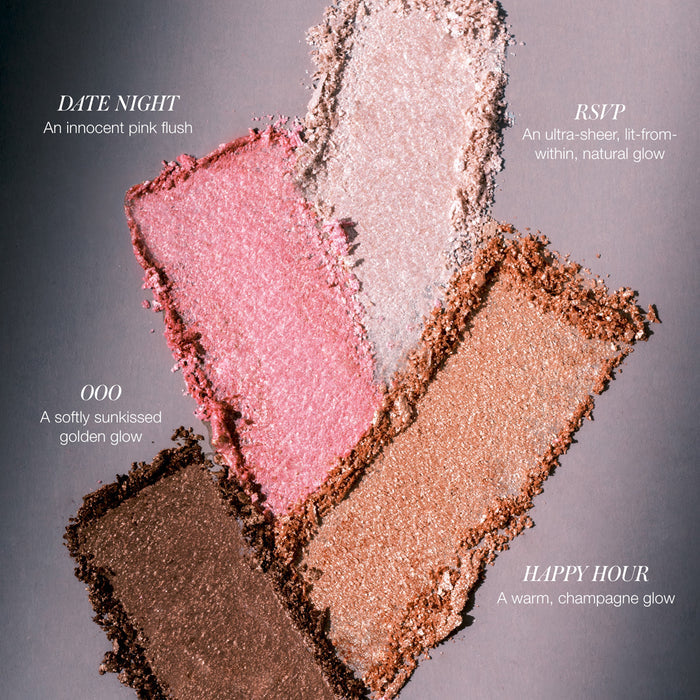 Four eyeshadow swatches labeled 'DATE NIGHT', 'RSVP', 'OOO', and 'HAPPY HOUR' on a dark gray background, showing pink, champagne, bronze, and warm brown shades with descriptive text.