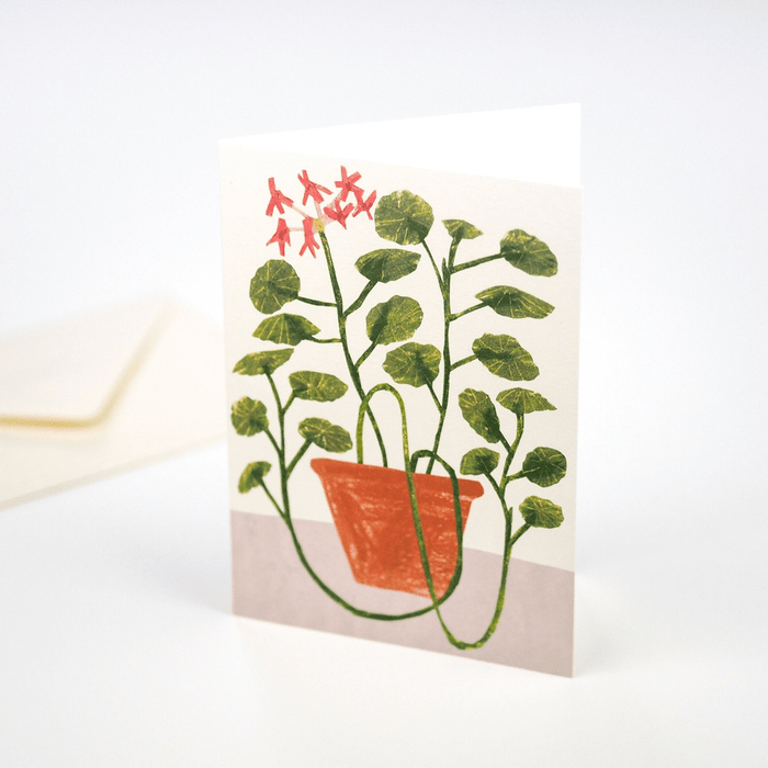 Card with a potted plant illustration on a white background