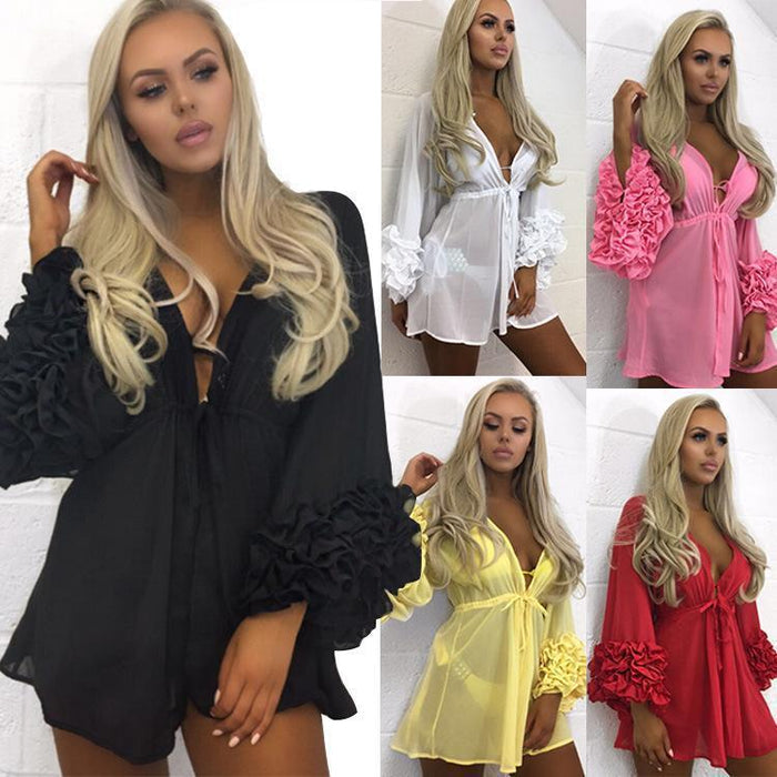 Sexy Long Sleeve Solid Color Swimwear Bikini Cover Up