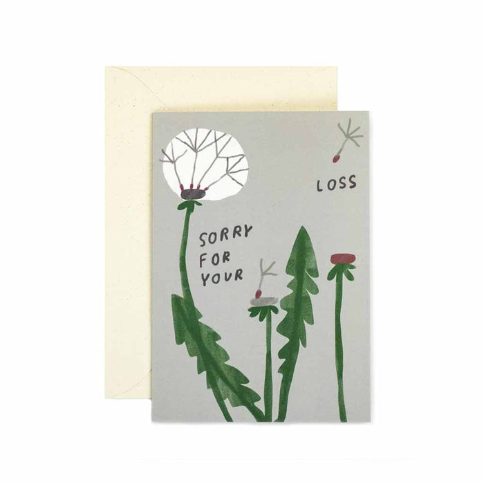 Greeting card with illustrations of plants and text stating "Sorry for your loss" on a white background