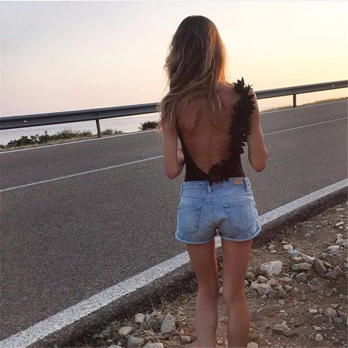 Summer Sexy V Neck Lace Stitching Backless One-piece Swimsuit Bikini